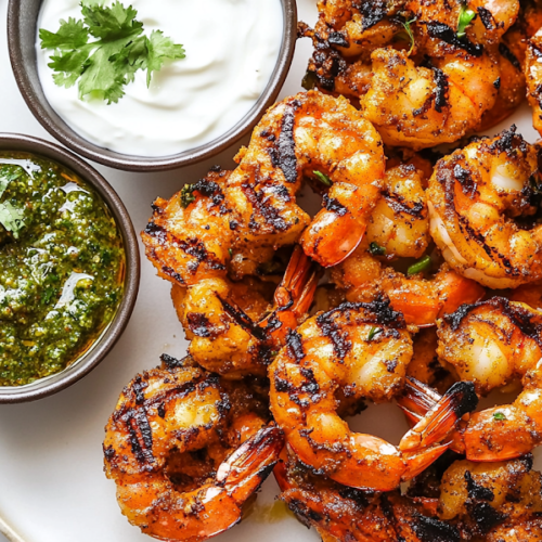 A close-up shot of a serving platter on the white marble cooktop, featuring perfectly grilled shrimp accompanied by a side of green chutney and a bowl of cooling yogurt. The dish is vibrant and ready to be enjoyed.