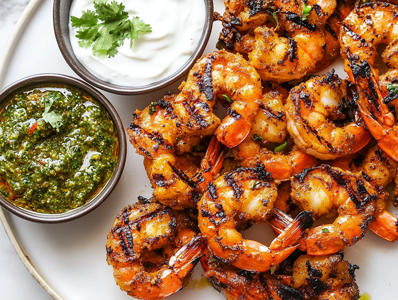 A close-up shot of a serving platter on the white marble cooktop, featuring perfectly grilled shrimp accompanied by a side of green chutney and a bowl of cooling yogurt. The dish is vibrant and ready to be enjoyed.