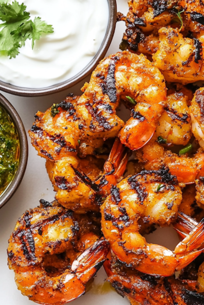 A close-up shot of a serving platter on the white marble cooktop, featuring perfectly grilled shrimp accompanied by a side of green chutney and a bowl of cooling yogurt. The dish is vibrant and ready to be enjoyed.