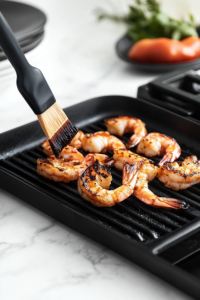A close-up shot of shrimp sizzling on a black grill pan over the white marble cooktop. The shrimp are turning slightly charred and opaque, with distinct grill marks forming on their surface. A basting brush glides over them, adding melted butter or oil to enhance their flavor.