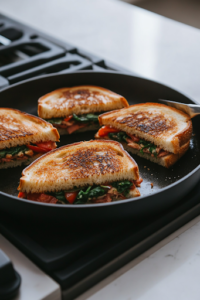The assembled sandwiches sizzling in a black skillet on a white marble cooktop. The bread is turning golden brown, and a spatula is gently pressing down on top to ensure even toasting and a perfectly crisp crust.