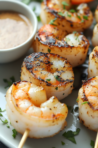 Shrimp and scallop kabobs on the grill, with shrimp turning pink and scallops developing a golden-brown crust. The seafood is perfectly seared, releasing a smoky, delicious aroma.