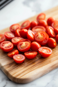 A close-up shot of halved grape tomatoes on a wooden cutting board over the white marble cooktop, showcasing their juicy red interior and glistening seeds, adding a burst of color and freshness to the ingredients.