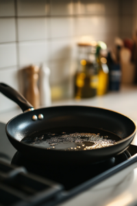 Close-up shot of a large frying pan on the white marble cooktop, with peanut oil heating to medium-high heat, a few bubbles forming around the edges. The oil is ready for frying shrimp.