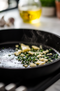 Close-up shot of a black cast-iron skillet on the white marble cooktop, where olive oil and melted butter sizzle. Freshly minced garlic is being sautéed, turning slightly golden and releasing its aroma