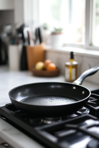 A large skillet on medium heat with avocado oil shimmering as it warms, signaling it’s ready for sautéing. The oil glistens under the light, preparing for the next step.