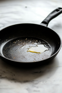 A black non-stick skillet heating up over the white marble cooktop, with a light layer of oil shimmering, ensuring a non-stick surface for perfectly cooked flatbread.