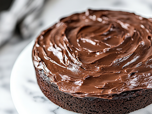 A close-up shot of the cooled chocolate cake on the white marble cooktop as thick, glossy chocolate frosting is spread evenly over the top with an offset spatula, giving the cake a rich and indulgent finish.