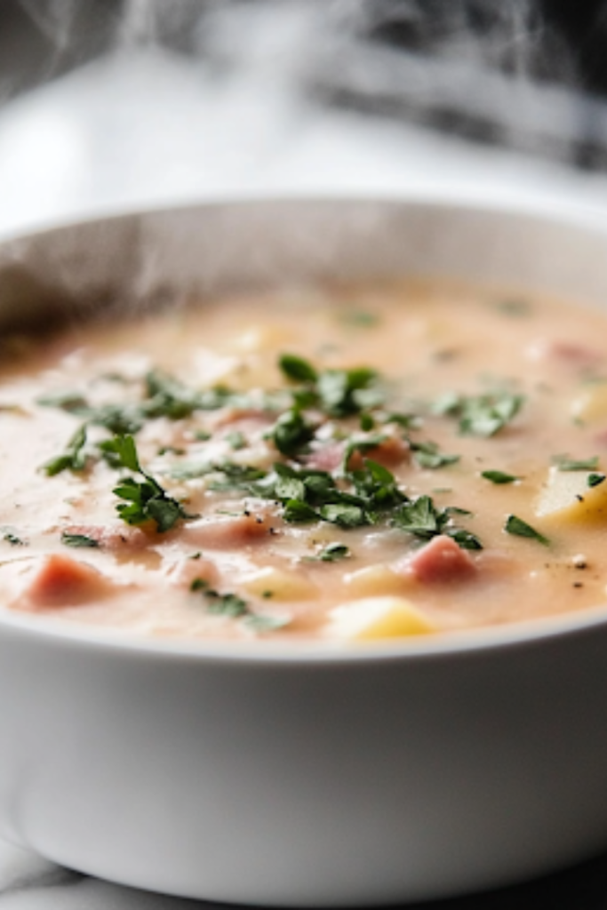 A close-up of a ladle pouring steaming ham and potato soup into a white bowl over the white marble cooktop. The soup is garnished with fresh herbs and is ready to be served with crusty bread.