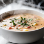 A close-up of a ladle pouring steaming ham and potato soup into a white bowl over the white marble cooktop. The soup is garnished with fresh herbs and is ready to be served with crusty bread.