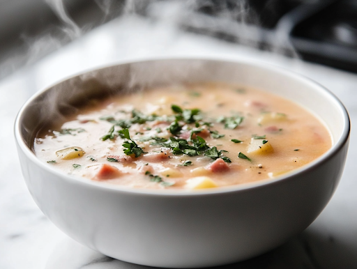 A close-up of a ladle pouring steaming ham and potato soup into a white bowl over the white marble cooktop. The soup is garnished with fresh herbs and is ready to be served with crusty bread.