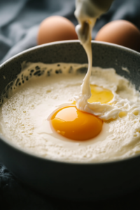 Close-up shot of an egg being cracked into the cheesecake batter while a spatula folds it in gently to maintain a smooth texture.