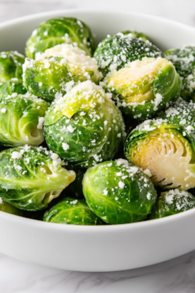 A close-up shot of a white serving bowl on a white marble countertop, filled with bright green, glistening Brussels sprouts. A drizzle of olive oil, fresh parmesan, and a squeeze of lemon complete the dish, ready to be enjoyed.