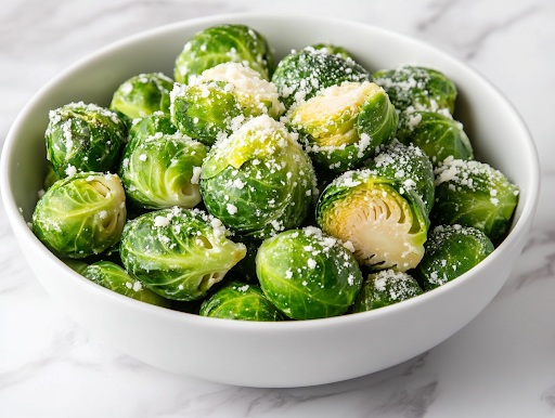 A close-up shot of a white serving bowl on a white marble countertop, filled with bright green, glistening Brussels sprouts. A drizzle of olive oil, fresh parmesan, and a squeeze of lemon complete the dish, ready to be enjoyed.