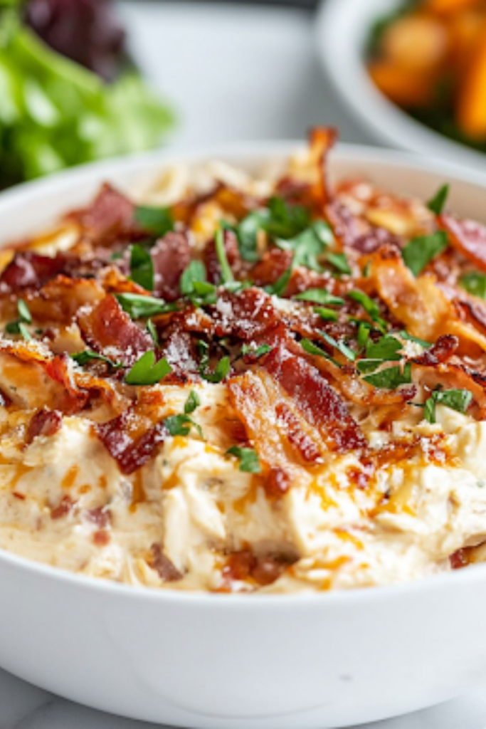 A close-up of a white serving bowl filled with creamy, cheesy shredded chicken, generously topped with crispy bacon and fresh herbs. A side of roasted vegetables and a fresh green salad sit beside it on a rustic wooden table, making for a comforting and satisfying meal.