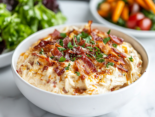 A close-up of a white serving bowl filled with creamy, cheesy shredded chicken, generously topped with crispy bacon and fresh herbs. A side of roasted vegetables and a fresh green salad sit beside it on a rustic wooden table, making for a comforting and satisfying meal.