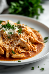 A white plate on a white marble cooktop, featuring a generous serving of creamy shredded Italian chicken over pasta, garnished with fresh herbs, ready to be enjoyed.