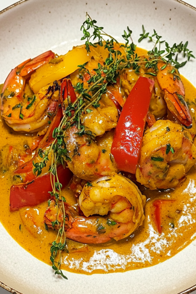 A plated dish of Jamaican Curry Shrimp served hot, garnished with fresh thyme, surrounded by a rich, creamy coconut curry sauce