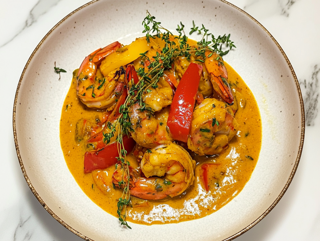 A plated dish of Jamaican Curry Shrimp served hot, garnished with fresh thyme, surrounded by a rich, creamy coconut curry sauce
