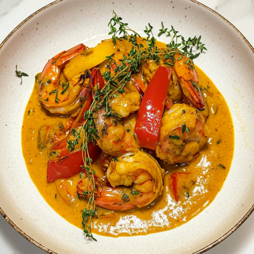 A plated dish of Jamaican Curry Shrimp served hot, garnished with fresh thyme, surrounded by a rich, creamy coconut curry sauce