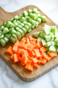 A close-up shot of a sharp knife slicing a fresh cucumber and a large carrot into thin matchstick pieces on a wooden cutting board over the white marble cooktop, showcasing the vibrant green and orange colors along with the crisp texture.