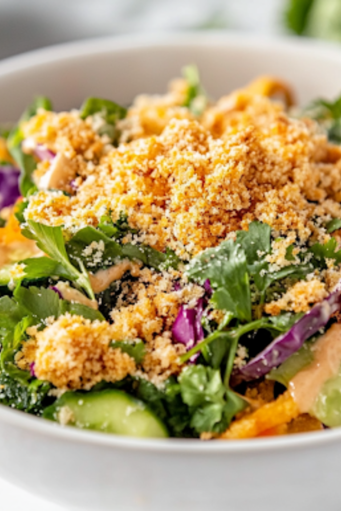 A close-up shot of the finished kani salad served in a white bowl on the white marble cooktop, highlighting its creamy texture, vibrant colors, and crispy panko topping, making it visually appealing and ready to be enjoyed.
