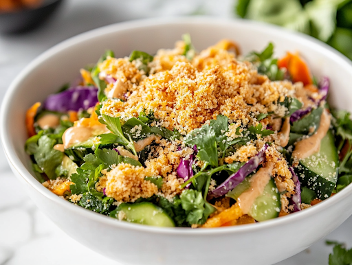 A close-up shot of the finished kani salad served in a white bowl on the white marble cooktop, highlighting its creamy texture, vibrant colors, and crispy panko topping, making it visually appealing and ready to be enjoyed.