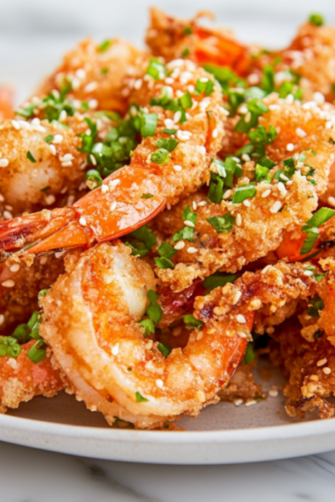 A serving plate on a white marble cooktop, piled high with crispy Bang Bang Shrimp. The dish is garnished with finely chopped green onions and sesame seeds, ready to be enjoyed