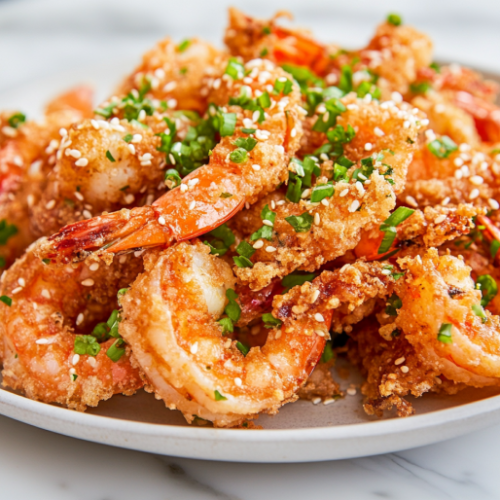 A serving plate on a white marble cooktop, piled high with crispy Bang Bang Shrimp. The dish is garnished with finely chopped green onions and sesame seeds, ready to be enjoyed