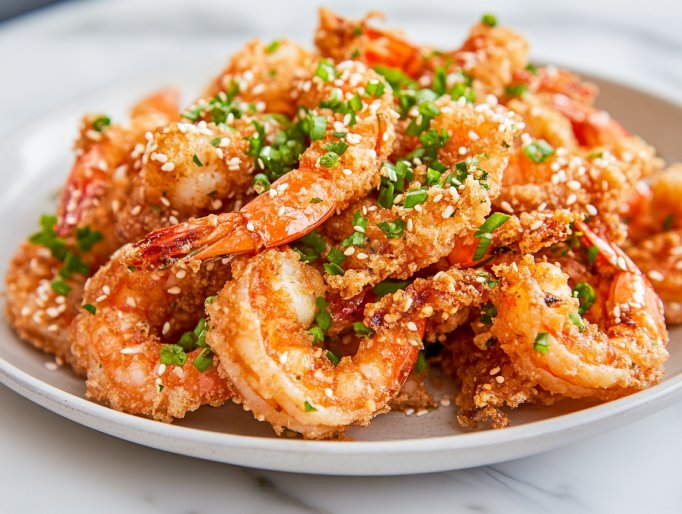A serving plate on a white marble cooktop, piled high with crispy Bang Bang Shrimp. The dish is garnished with finely chopped green onions and sesame seeds, ready to be enjoyed