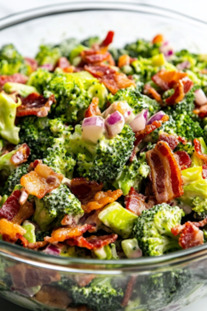A glass mixing bowl on a white marble cooktop, filled with freshly tossed broccoli bacon salad, covered and ready for refrigeration. The dressing evenly coats the ingredients, with vibrant colors peeking through for a delicious final look.
