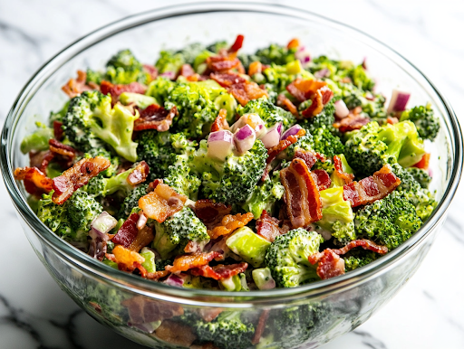 A glass mixing bowl on a white marble cooktop, filled with freshly tossed broccoli bacon salad, covered and ready for refrigeration. The dressing evenly coats the ingredients, with vibrant colors peeking through for a delicious final look.