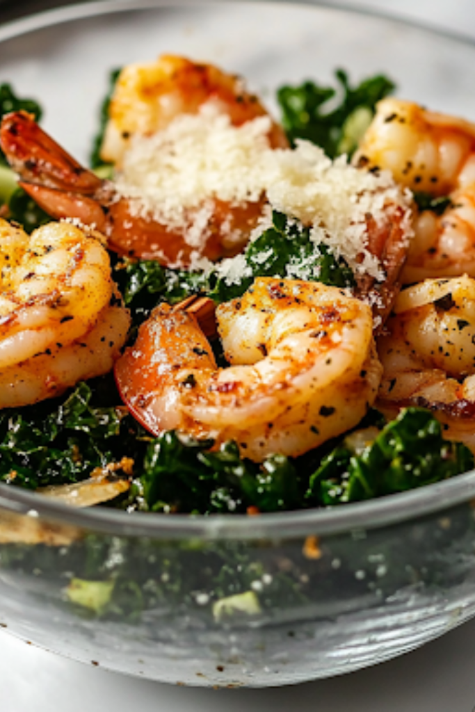 The fully assembled Kale Cajun Shrimp Salad in a glass salad bowl on a white marble cooktop. Freshly grated Parmesan cheese is sprinkled on top, completing the dish, with a fork resting nearby, ready to dig in.