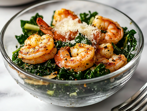 The fully assembled Kale Cajun Shrimp Salad in a glass salad bowl on a white marble cooktop. Freshly grated Parmesan cheese is sprinkled on top, completing the dish, with a fork resting nearby, ready to dig in.