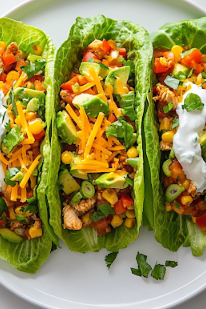A close-up of beautifully assembled Keto Chicken Taco Lettuce Wraps on a white plate over the white marble cooktop. The tacos are topped with shredded cheddar cheese, avocado corn salsa, plain Greek yogurt, and a sprinkle of chopped scallions, ready to be served and enjoyed.