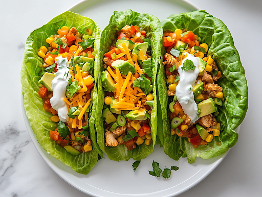 A close-up of beautifully assembled Keto Chicken Taco Lettuce Wraps on a white plate over the white marble cooktop. The tacos are topped with shredded cheddar cheese, avocado corn salsa, plain Greek yogurt, and a sprinkle of chopped scallions, ready to be served and enjoyed.