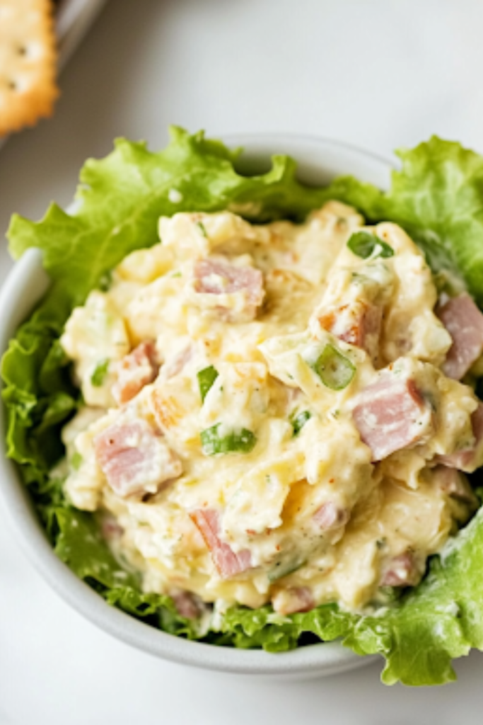 A close-up shot of a small dish filled with a serving of creamy ham salad, placed on the white marble cooktop. The dish is accompanied by fresh lettuce wraps and keto-friendly crackers, creating an inviting and healthy meal.