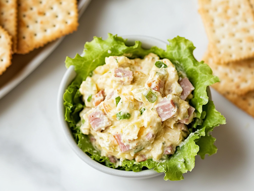A close-up shot of a small dish filled with a serving of creamy ham salad, placed on the white marble cooktop. The dish is accompanied by fresh lettuce wraps and keto-friendly crackers, creating an inviting and healthy meal.