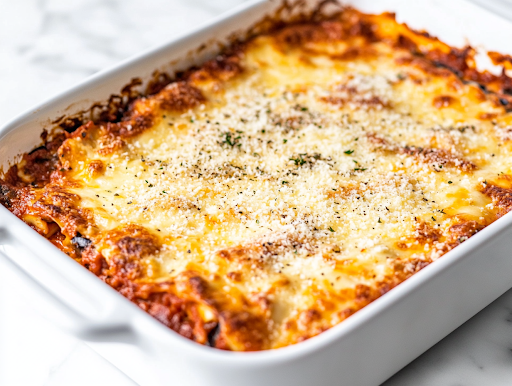 A freshly baked keto eggplant lasagna in a white ceramic baking dish on a white marble cooktop. The top is covered with bubbling, golden-brown mozzarella and Parmesan cheese, resting for 10 minutes before slicing.