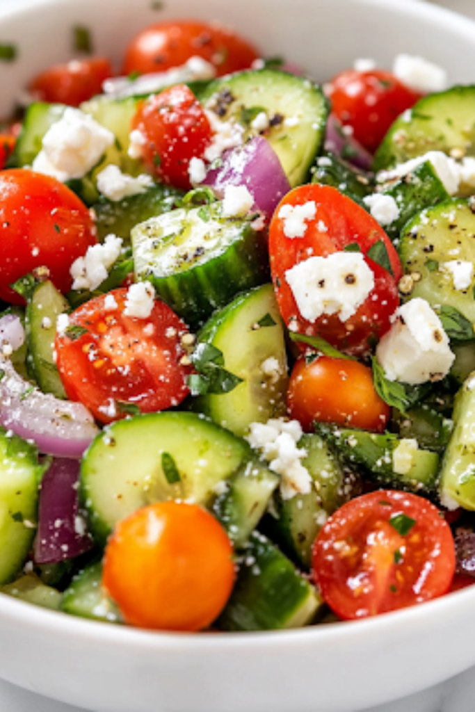 Final plated shot of a beautifully arranged Greek salad in a rustic ceramic bowl, garnished with extra feta cheese and a sprinkle of oregano. A fork rests on the side, and a glass of white wine sits in the background.