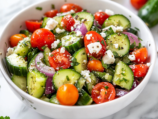 Final plated shot of a beautifully arranged Greek salad in a rustic ceramic bowl, garnished with extra feta cheese and a sprinkle of oregano. A fork rests on the side, and a glass of white wine sits in the background.