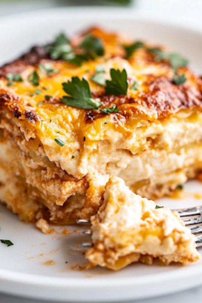 A plated serving of turkey and Gruyère casserole, garnished with fresh parsley. A forkful of the cheesy, savory casserole is lifted, showing the tender turkey and creamy texture inside, ready to be enjoyed.
