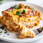 A plated serving of turkey and Gruyère casserole, garnished with fresh parsley. A forkful of the cheesy, savory casserole is lifted, showing the tender turkey and creamy texture inside, ready to be enjoyed.