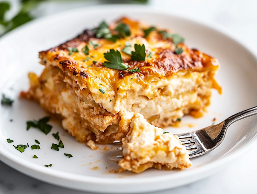 A plated serving of turkey and Gruyère casserole, garnished with fresh parsley. A forkful of the cheesy, savory casserole is lifted, showing the tender turkey and creamy texture inside, ready to be enjoyed.