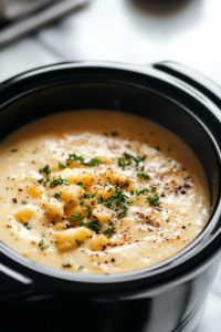 A black ladle lifting a scoop of thick, creamy potato soup from the crockpot, showing chunks of soft potatoes coated in the cheesy broth. The ladle is filled with rich, flavorful soup, ready to be served.