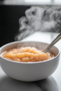 A close-up shot of freshly made applesauce being ladled into glass jars on the white marble cooktop. Steam gently rises from the thick sauce, and the jars are ready for storage, preserving the comforting homemade flavors.