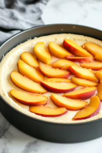 Fresh or canned peach slices being arranged in a circular pattern on top of the cheesecake batter inside the springform pan.