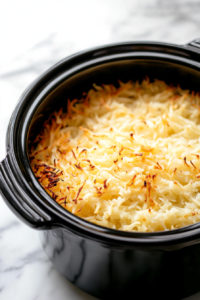 A black slow cooker on a white marble cooktop, filled with an even layer of thawed hash brown potatoes. The shredded potatoes create a textured, golden base