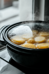 A close-up shot of the black slow cooker covered with a glass lid on the white marble cooktop. The scalloped potatoes are cooking slowly, with condensation forming inside the lid, showing that the ingredients are melding together.