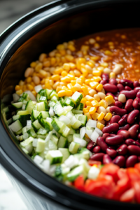 A close-up shot of the black slow cooker on the white marble cooktop, now layered with chopped onions, chili beans, kidney beans, sweet corn, tomato sauce, diced tomatoes, and diced green chiles. Each ingredient retains its vibrant color and texture, waiting to be combined into a rich and flavorful taco soup.